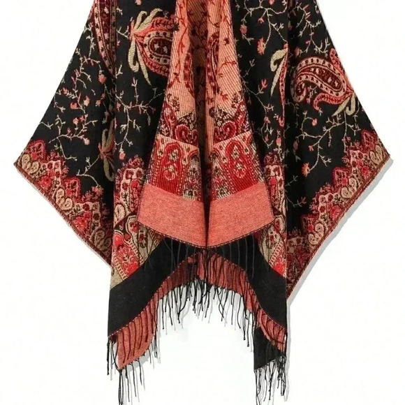 Red Casual Womens Paisley Pattern Fringe Trim Duster Cardigan wrap shawl - Picture 4 of 5